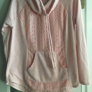 Blush pink lace detailed cowl-neck sweatshirt